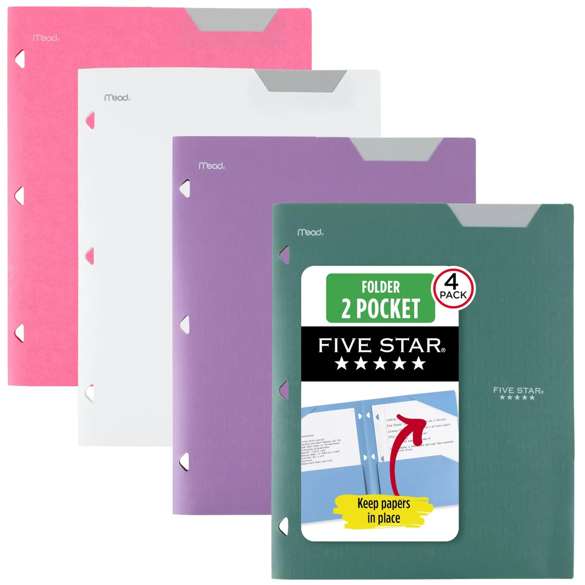 Four green plastic two-pocket folders with stay-put tabs and binder holes