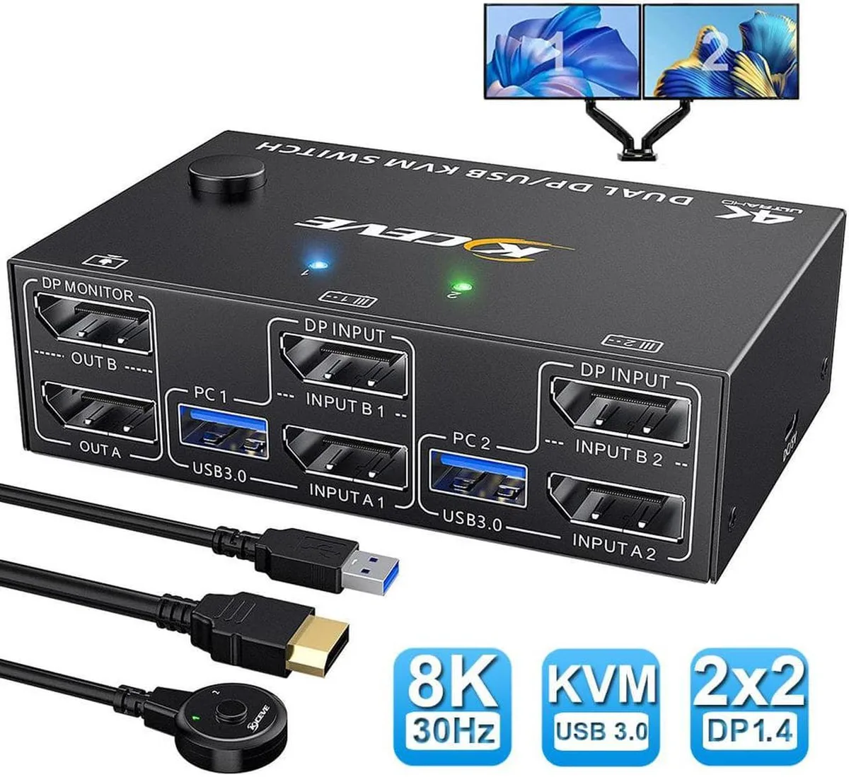 Vszerda Vszerda 2-Port Dual Monitor DP KVM Switch 8K@30Hz 4K@144Hz 4×USB 3.0 Wired Remote — product photo
