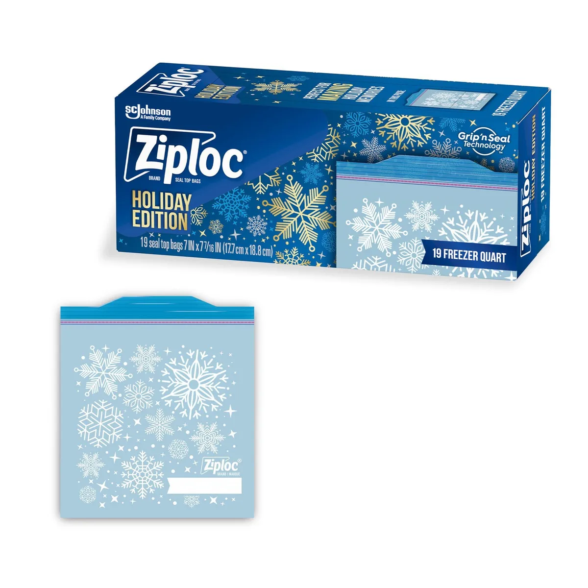 Box of 19 quart freezer bags with holiday designs