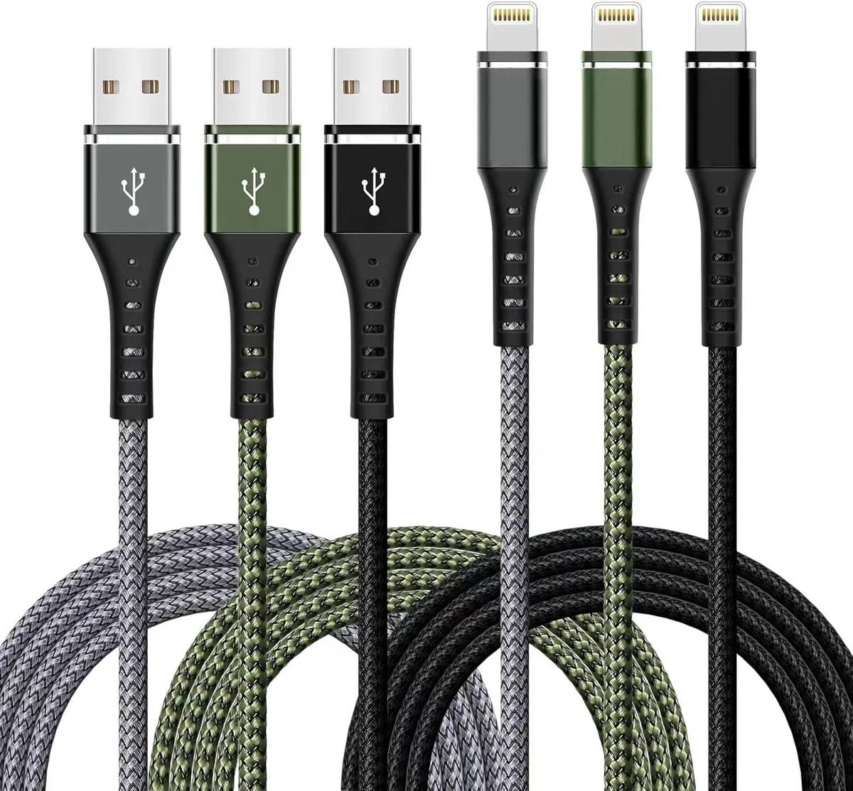MCHOSE MCHOSE 3-Pack 3FT Lightning Cable Nylon Braided Green Gray Black — product photo