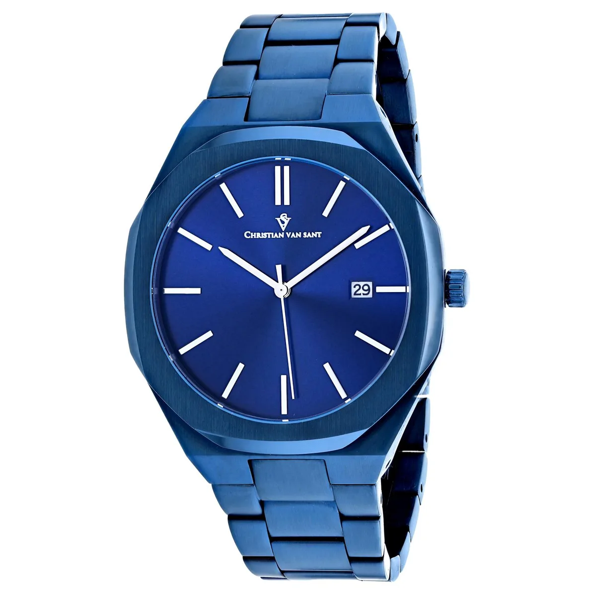 Slim stainless steel watch with blue dial and matching bracelet