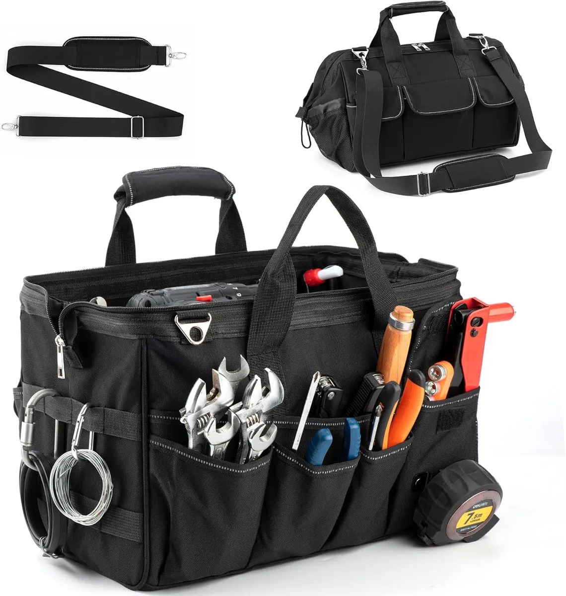 Black 15-inch tool bag with 16 pockets, adjustable 45-inch strap, 30 kg capacity