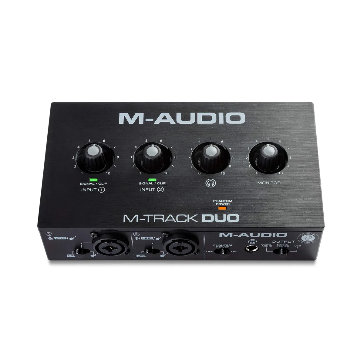 White rectangular USB audio interface with combo XLR inputs and knobs