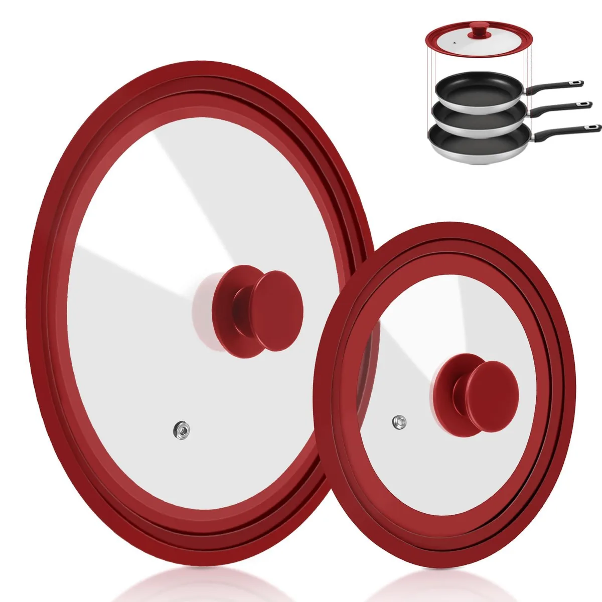 Two red silicone-rimmed glass lids with steam vents and anti-slip knobs