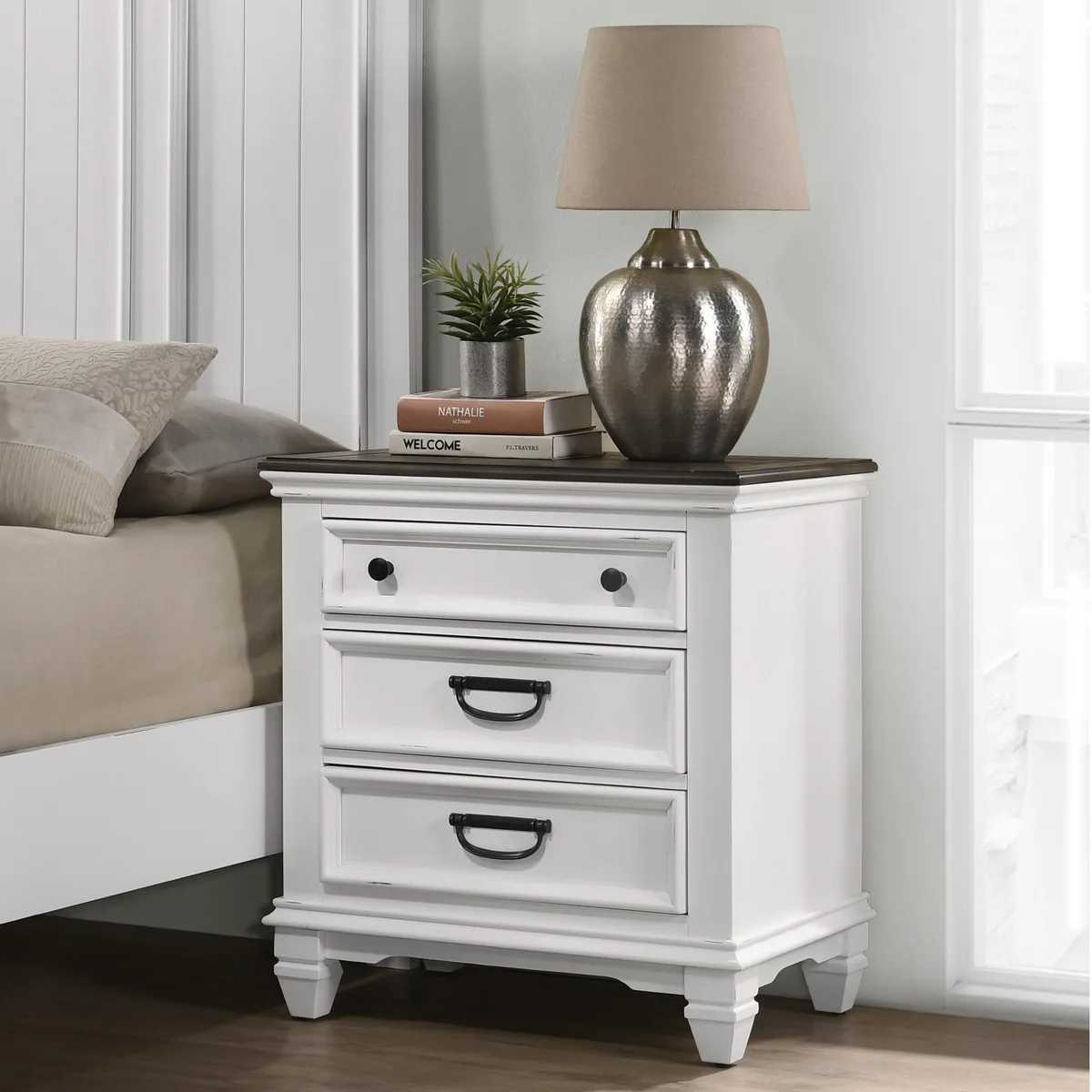 tuphen tuphen Clelane Wood 3-Drawer Nightstand Weathered White and Gray 26.3"W x 17.4"D x 28.3"H — product photo