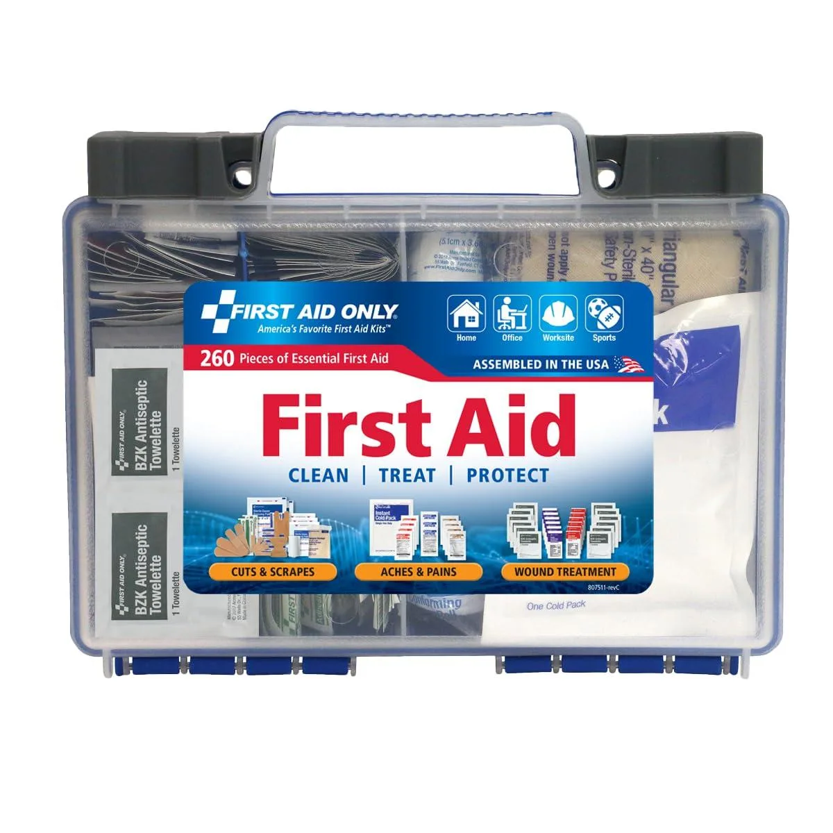 Red plastic first aid case with clear lid and slide latches, 260 pieces inside