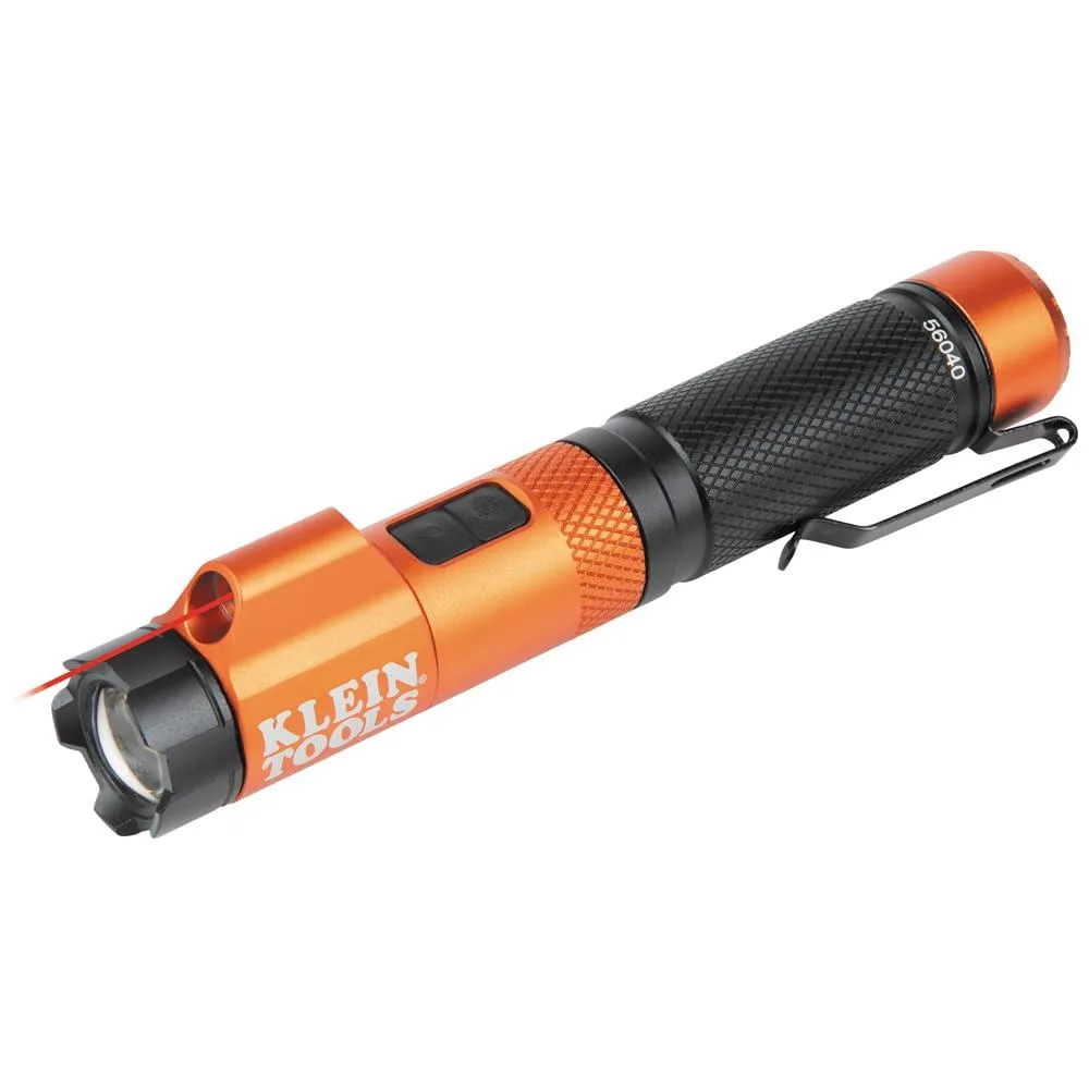 Compact aluminium flashlight with twist focus bezel, magnetic end cap, pocket clip and red laser pointer
