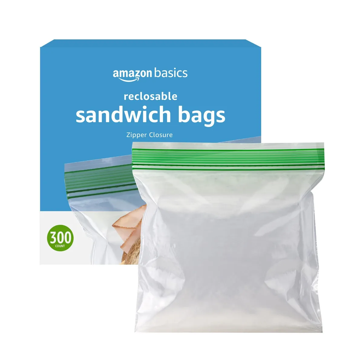 Clear polyethylene sandwich bags with double zipper closure, 300 count in box