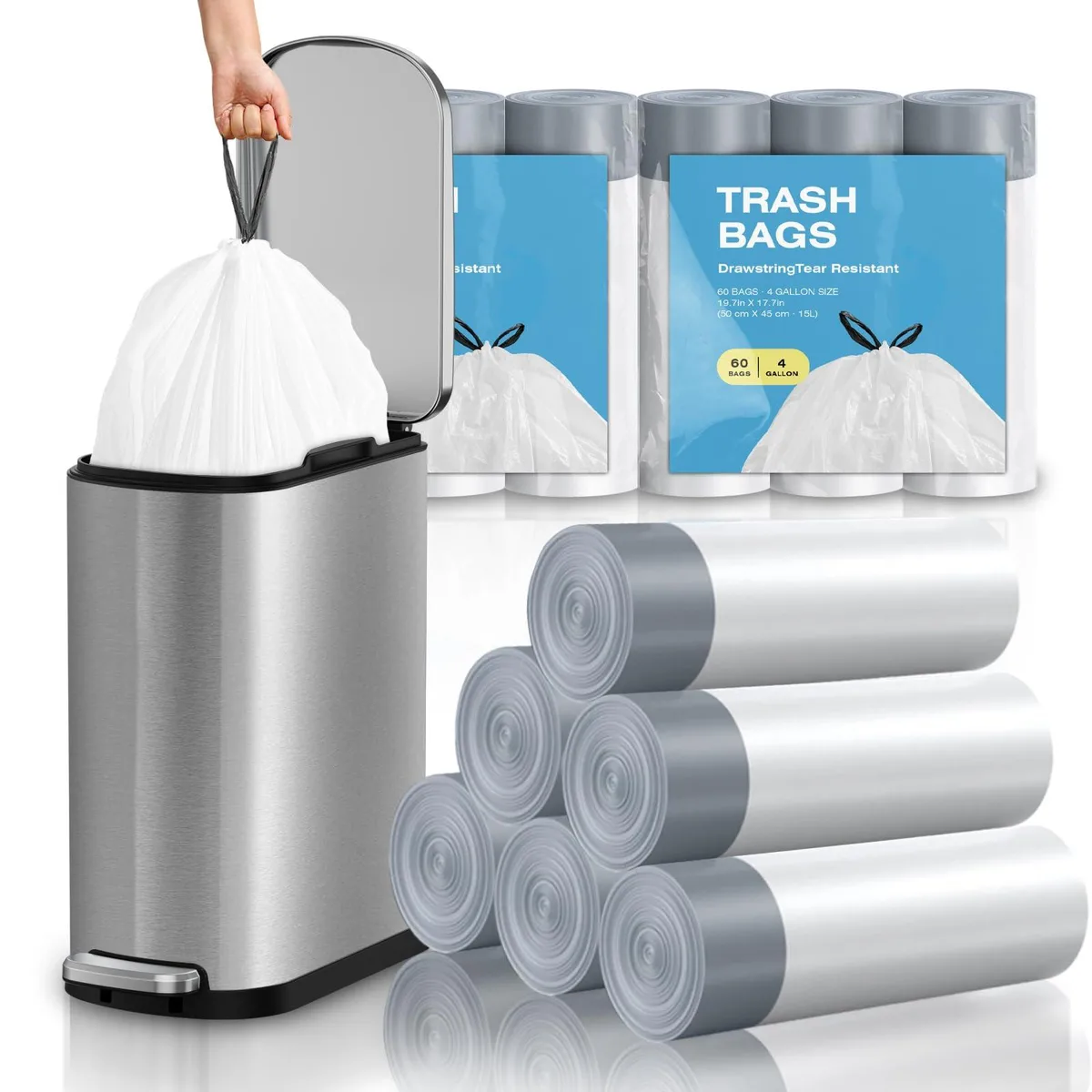 Three packs of white 2.6 gallon plastic drawstring trash bags