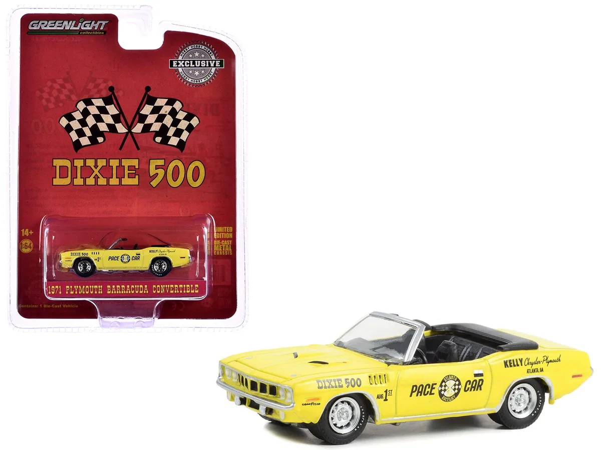 GREENLIGHT GREENLIGHT 1971 Plymouth Barracuda Convertible Dixie 500 Pace Car Yellow 1/64 Hobby Exclusive — product photo