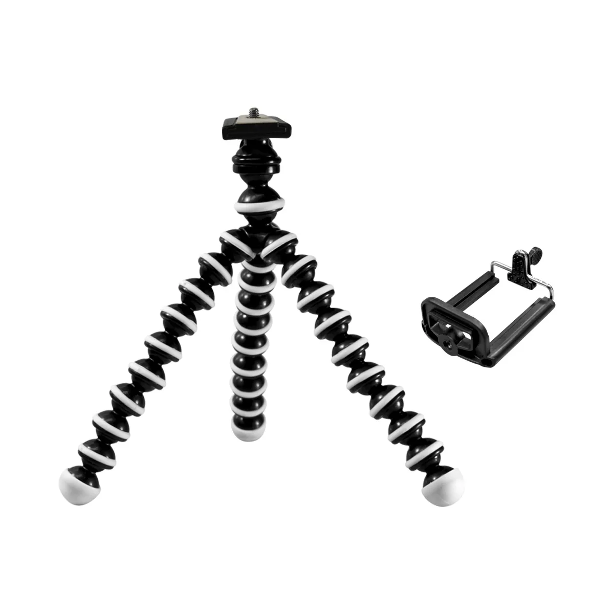 Black flexible mini tripod with three bendable rubber legs and universal quarter-inch screw mount
