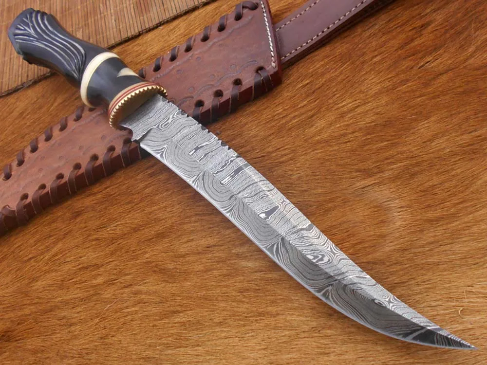 Damascus Depot Damascus Depot 13" Hand-Forged Damascus Skinning Knife, Engraved Bull Horn Handle — product photo