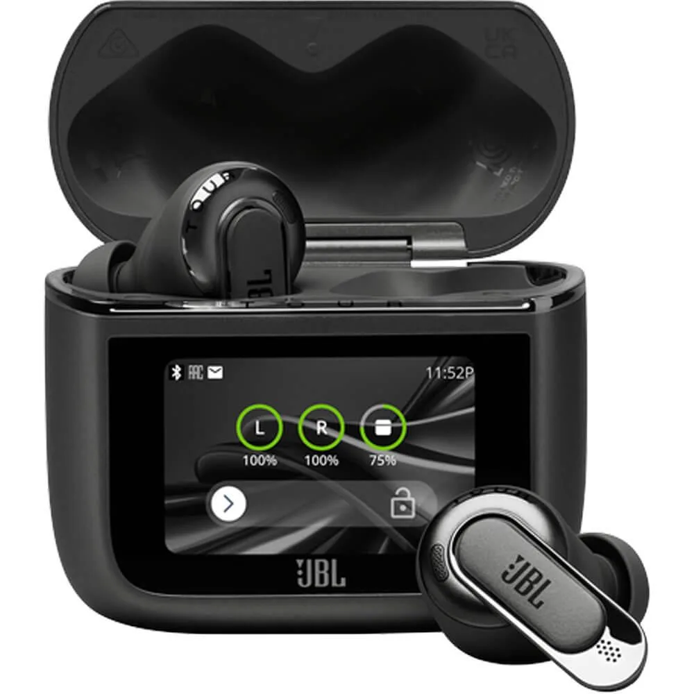 Black wireless earbuds in smart charging case with touchscreen