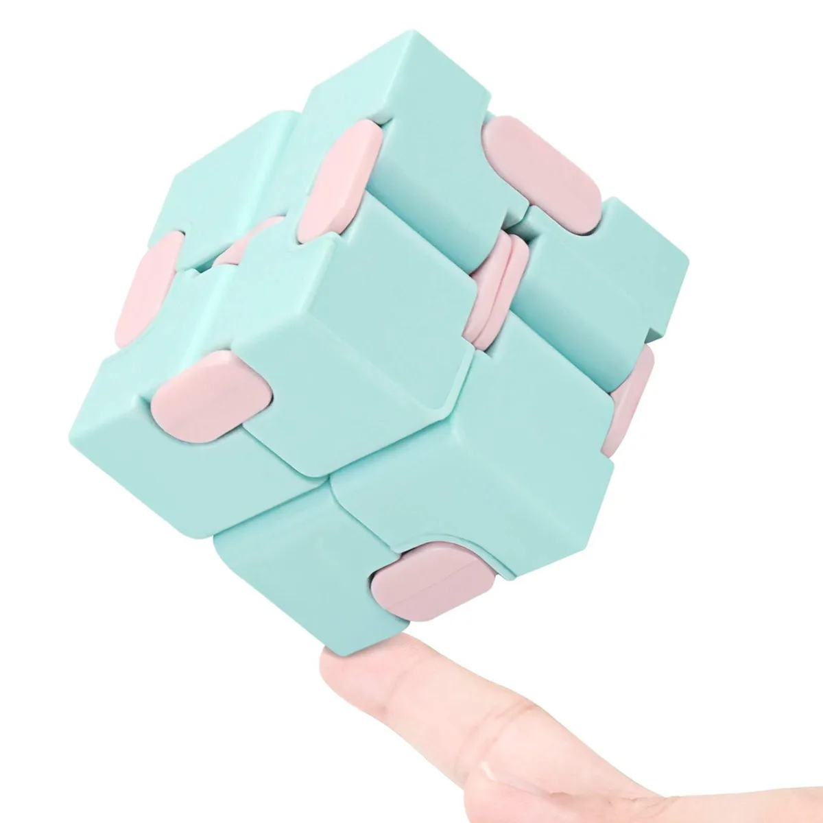Small blue plastic infinity cube fidget toy with hinged blocks that fold continuously