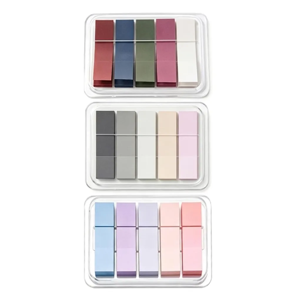 Pop-up dispenser box holding 300 transparent sticky tabs in 15 colors
