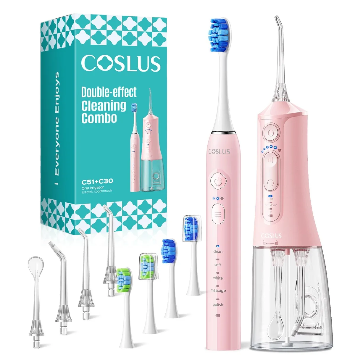 Pink cordless water flosser and electric toothbrush combo with 300 ml tank