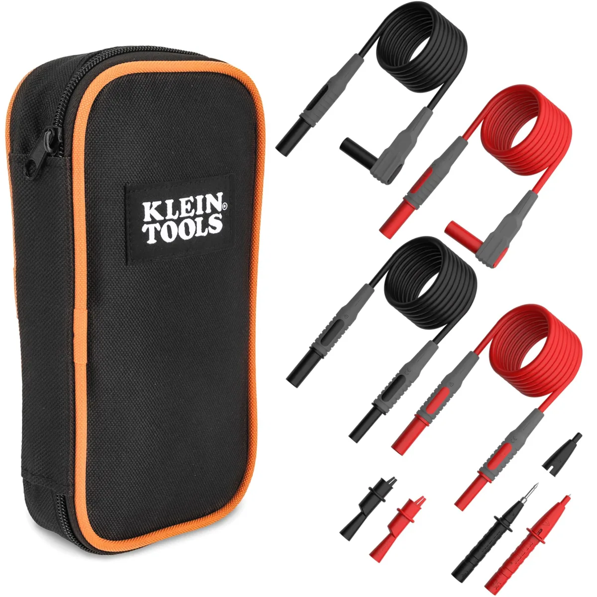 Black zippered case with elastic straps holding red and black right-angle test leads, extenders, probe tips and alligator clips