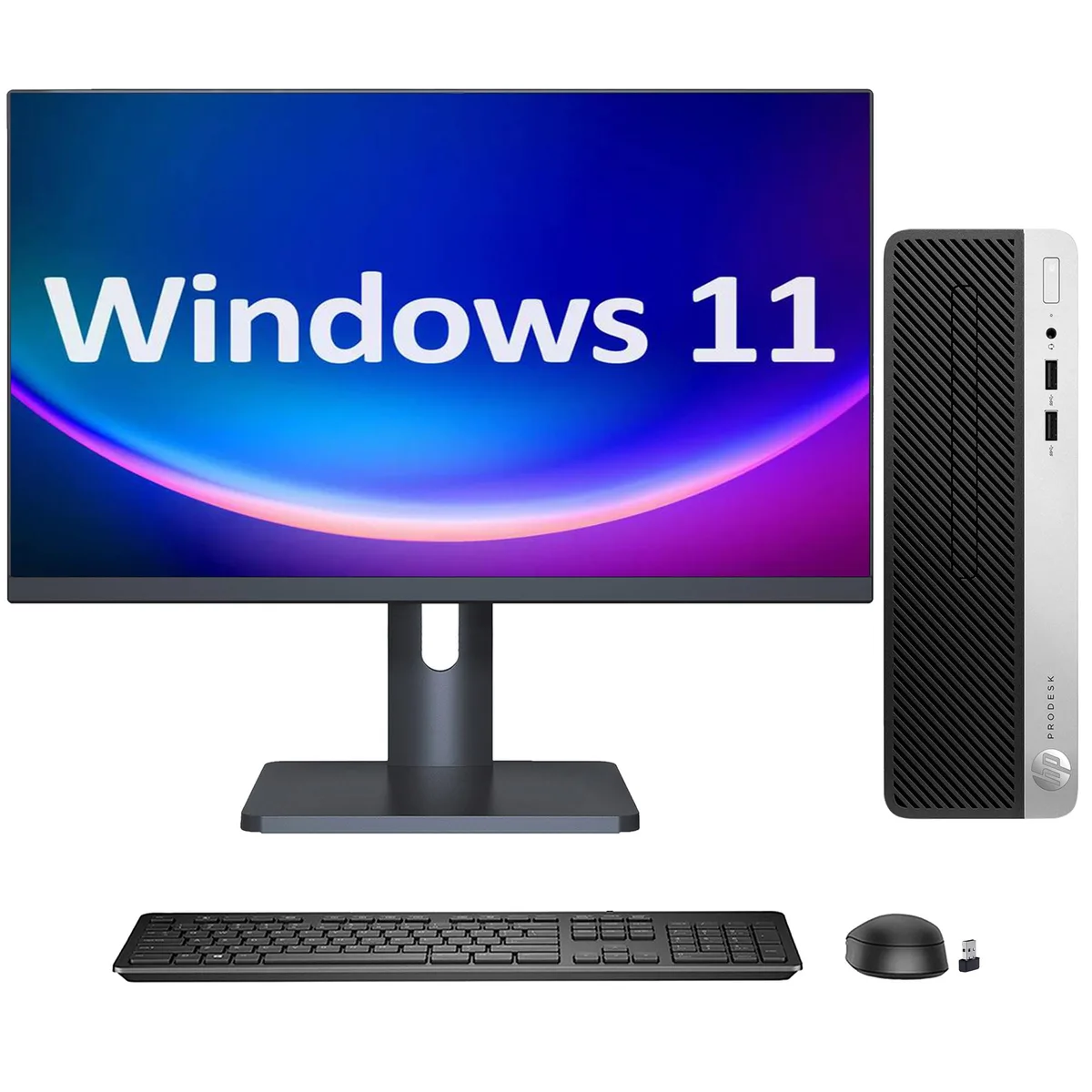 HP HP ProDesk 400 G5 SFF desktop PC, 27" monitor, i3-8100 3.6GHz, 32GB DDR4, 1TB SSD, Windows 11 Pro — product photo