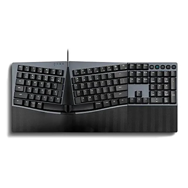 Wired ergonomic split mechanical keyboard with low-profile brown tactile switches and adjustable tilt wrist rest