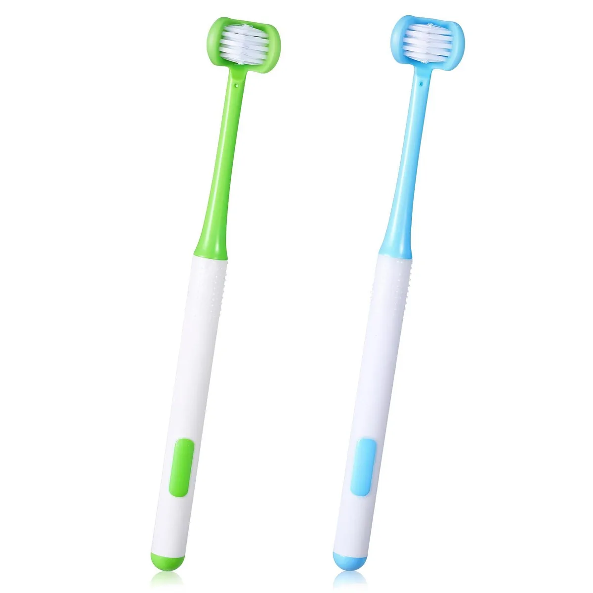 Two U-shaped three-sided toothbrushes, one blue one green, white handles, soft bristles