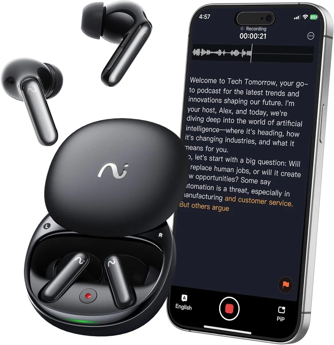 BFKK BFKK RecDot AI Voice Recorder Earbuds Black 17 Languages 48dB ANC Bluetooth 5.2 — product photo
