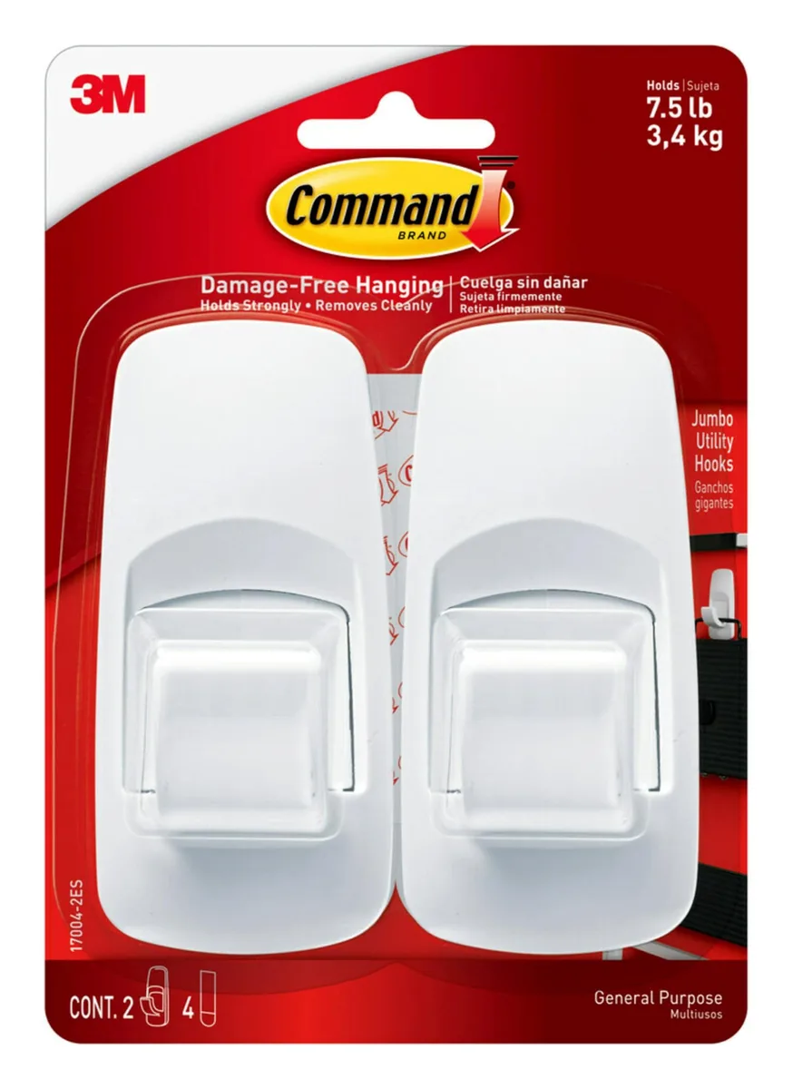 Two white plastic jumbo hooks with four adhesive strips