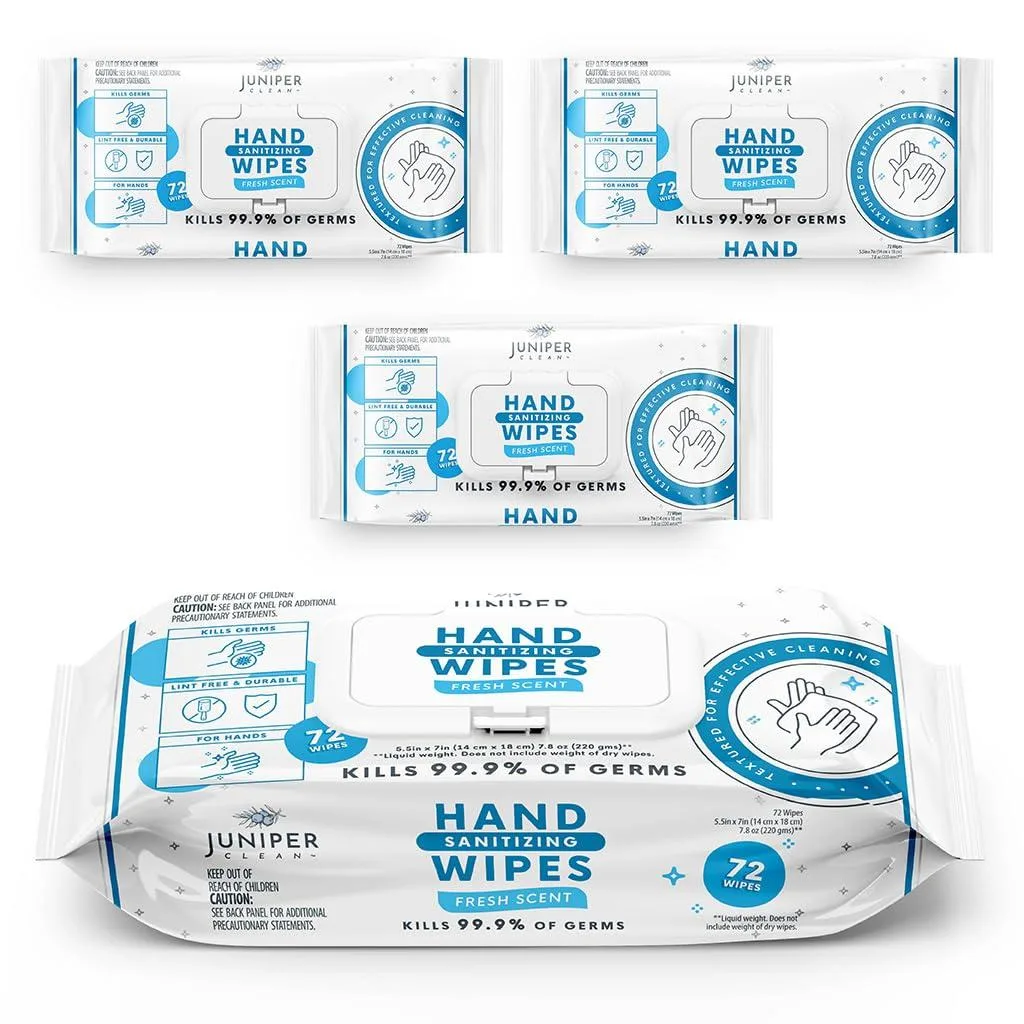 Three soft packs of hand sanitizing wipes, 216 count total, fresh scent