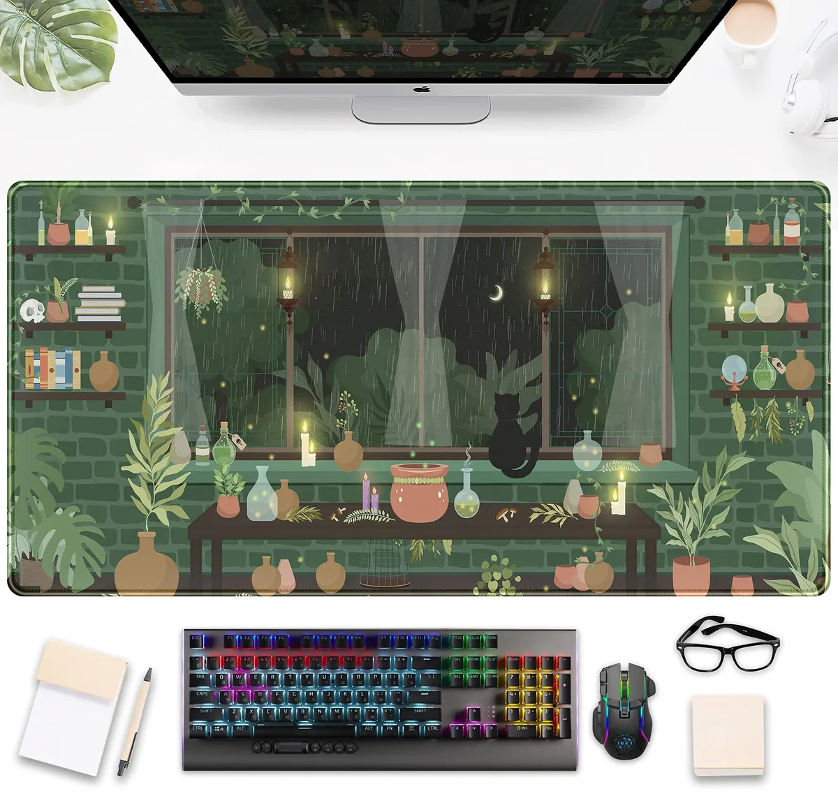 KEHIPI KEHIPI Dark Green Leaves Desk Mat 31.5" x 15.75" mouse pad — product photo