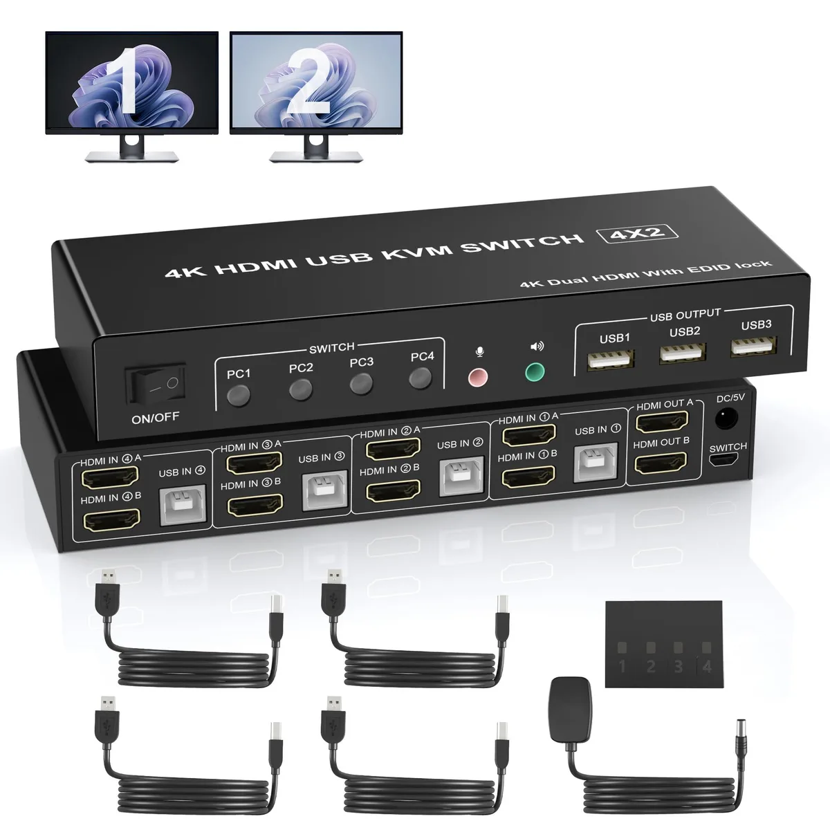 BUCIER BUCIER 4 Port HDMI Dual Monitor KVM Switch 4K 60Hz 2 Monitors 4 Computers — product photo