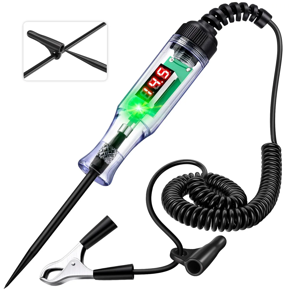  FEAOXYO 3-48V Digital Voltage Tester with Voltmeter &amp; Dual Polarity Indicator, 96-inch Coil Wire — product photo