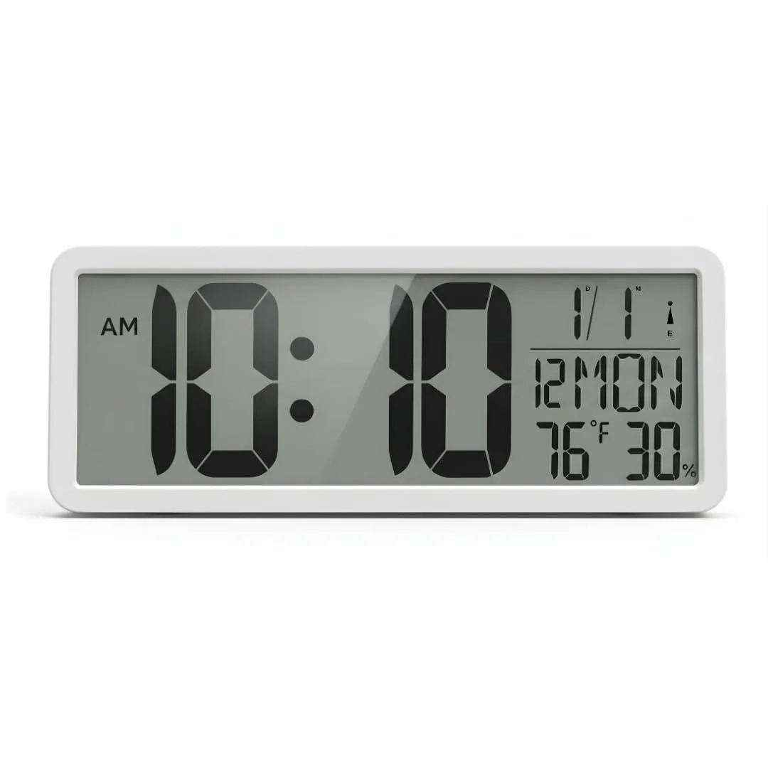 Black rectangular digital wall clock with large LCD display showing time date temperature humidity