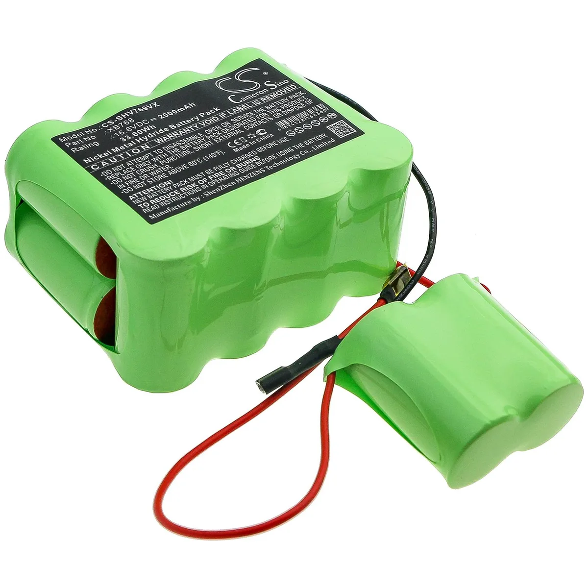 Rectangular black replacement battery with label and terminals