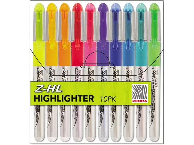 Ten Zebra Zazzle Brights highlighters, chisel tips, assorted bright colours in a set