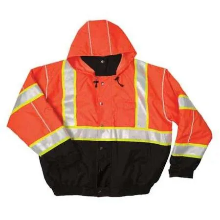 Orange and black hi-vis bomber jacket with reflective stripes and packable hood