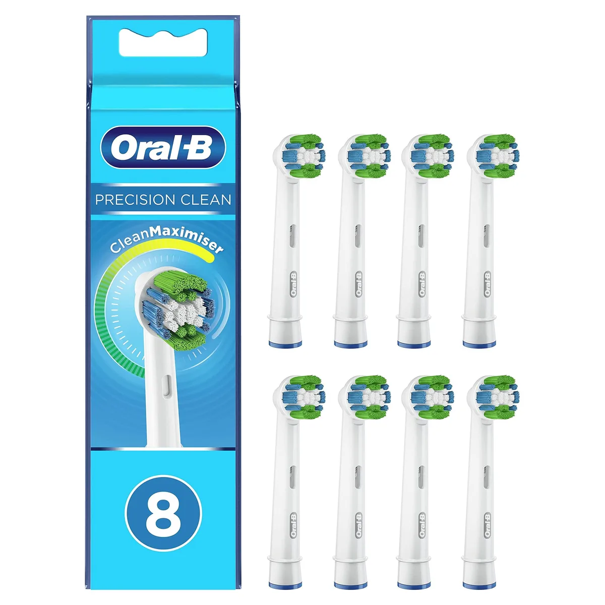 Eight Oral-B Precision Clean brush heads in recyclable packaging