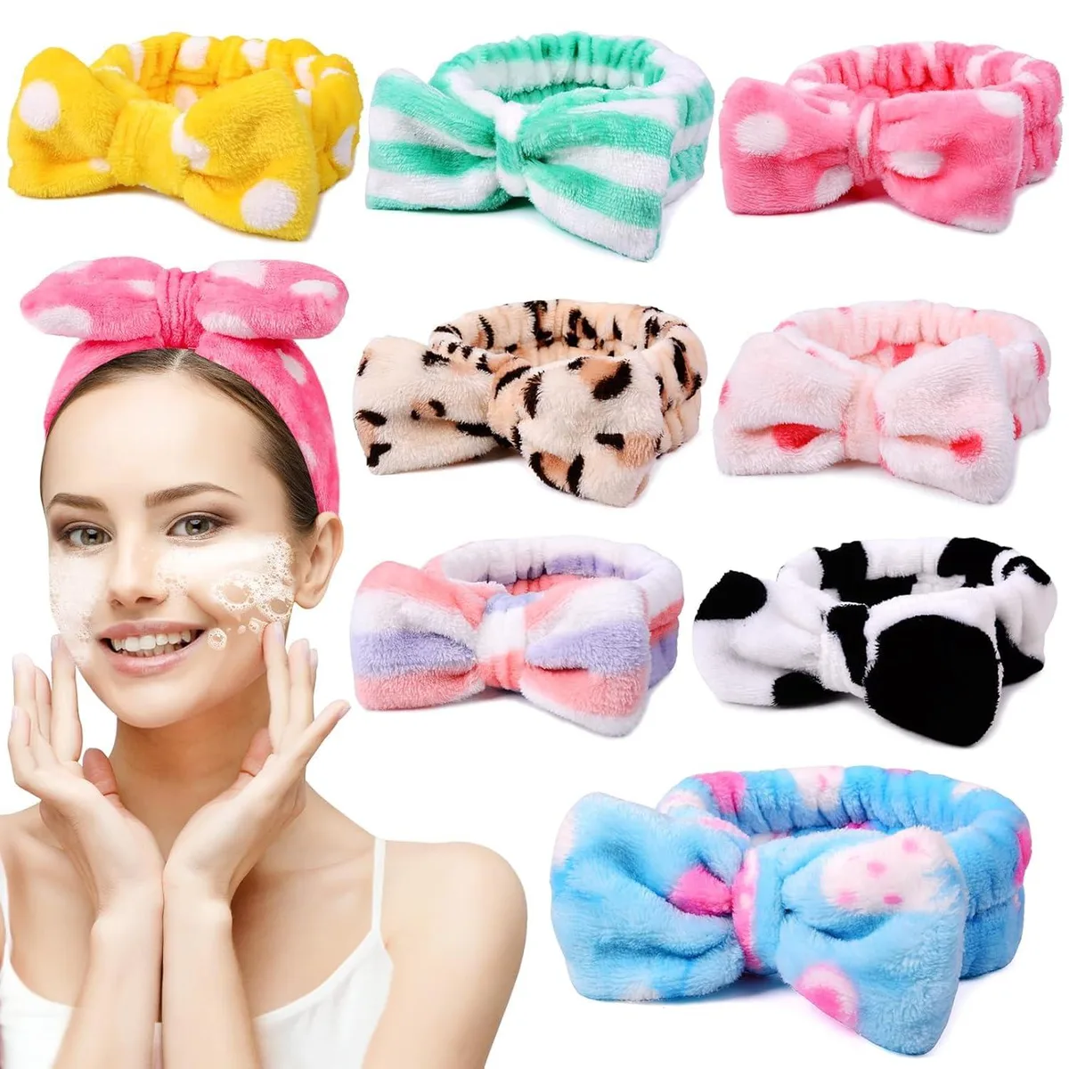 Eight coral fleece spa headbands with bow details in assorted colours