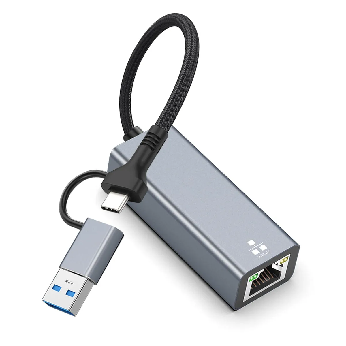 Small black USB-C to RJ45 network adapter with aluminium finish