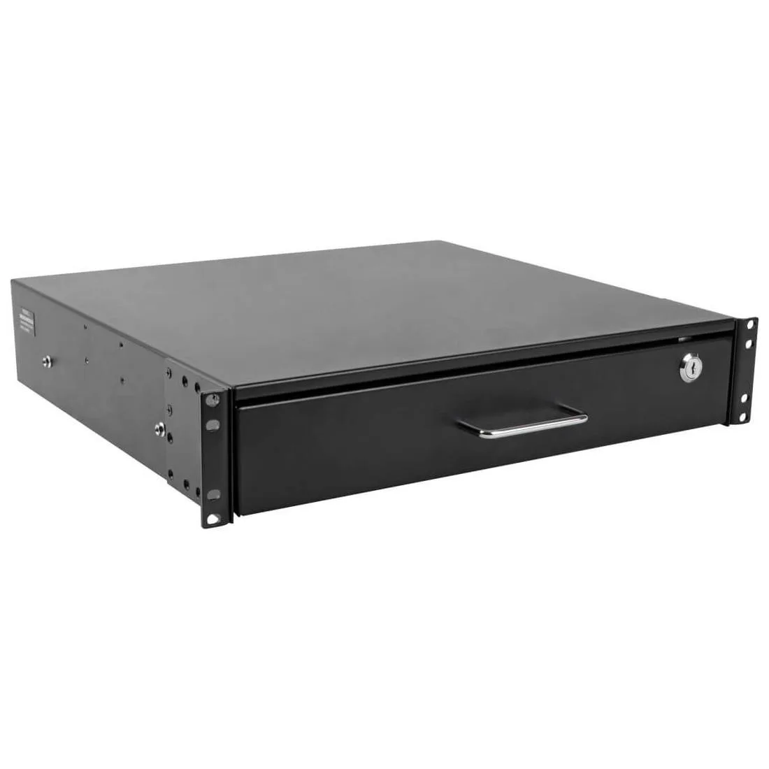 Black 2U rack-mount steel drawer with lock, 17.2 by 17.8 inches