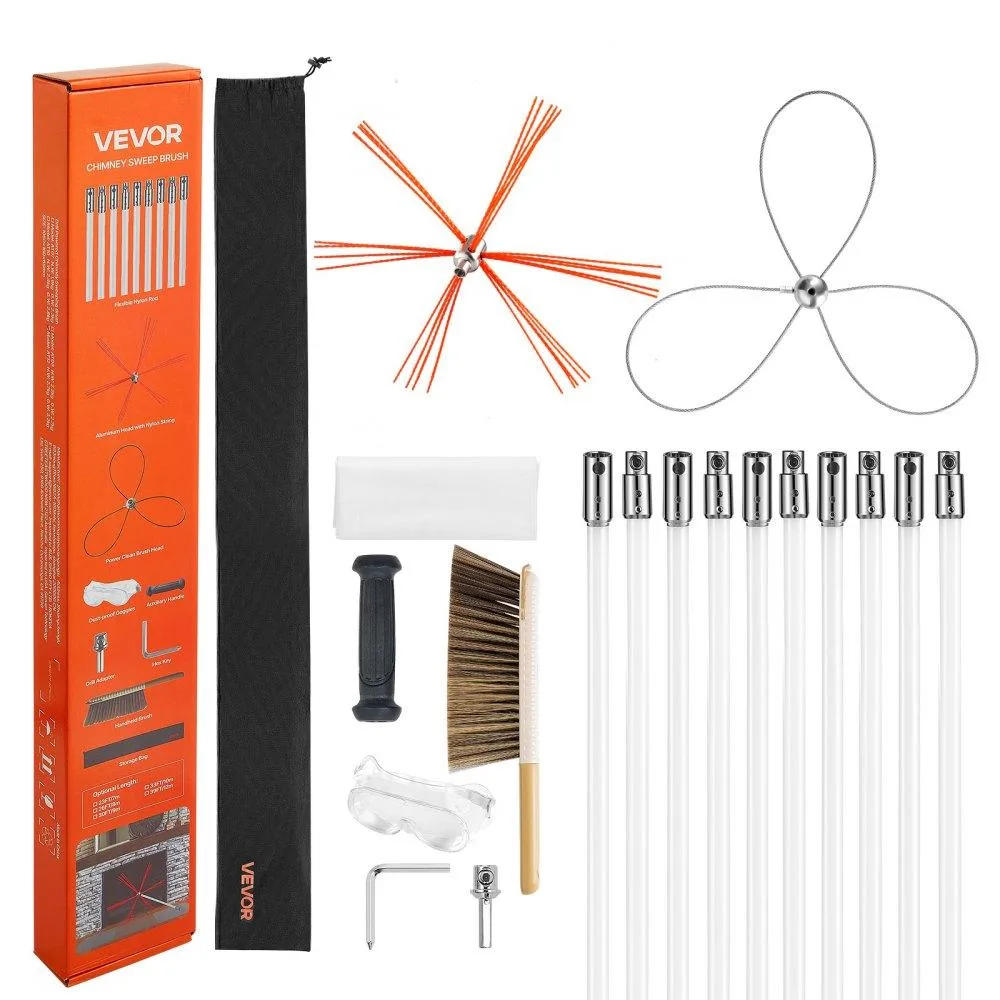 33 ft chimney sweep kit with dual brush heads and flexible nylon rods
