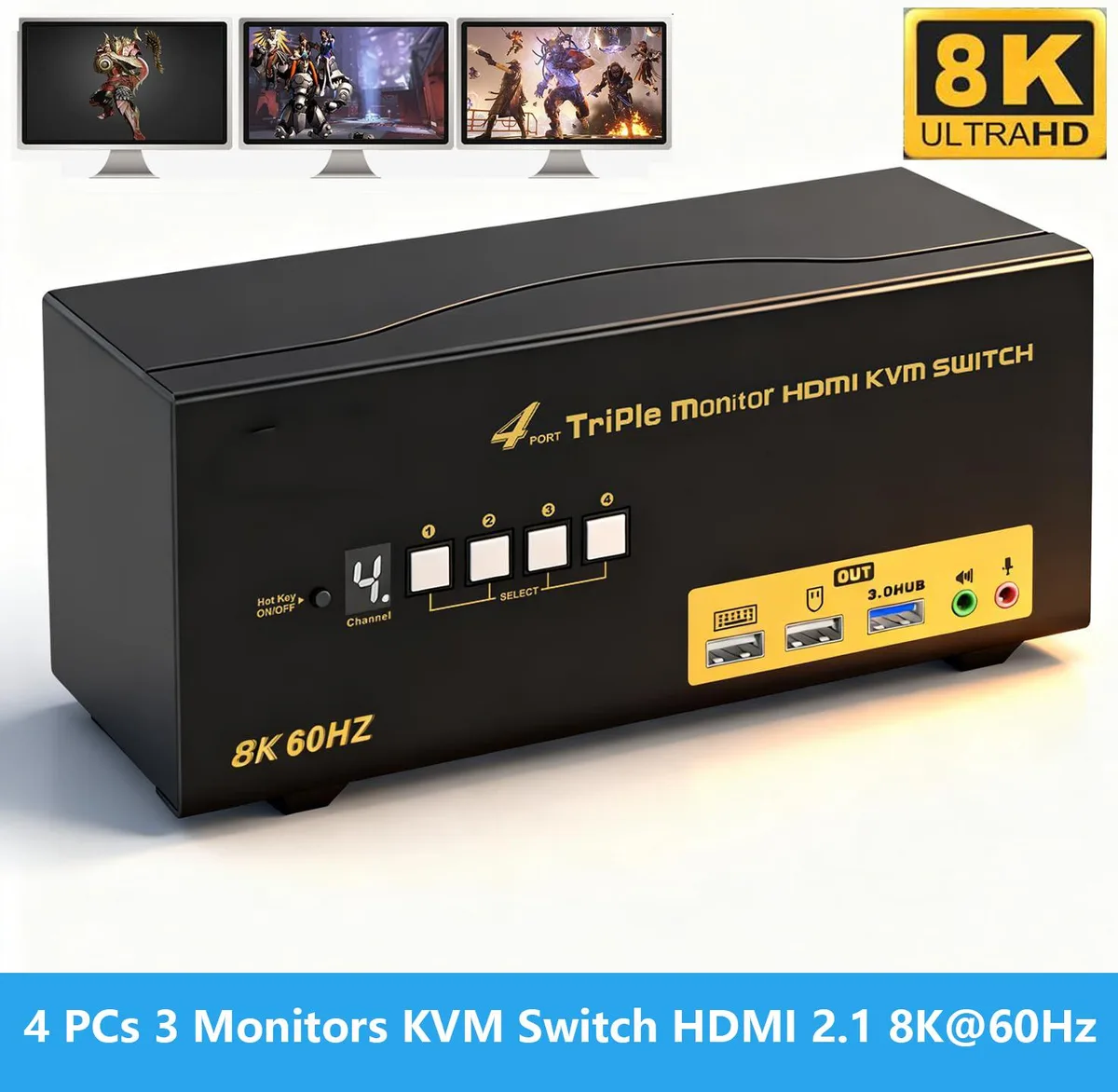 IHDAPP IHDAPP USB 3.0 Triple Display HDMI KVM Switch 4 Port 3 Monitor 8K@60Hz 4K@120Hz — product photo