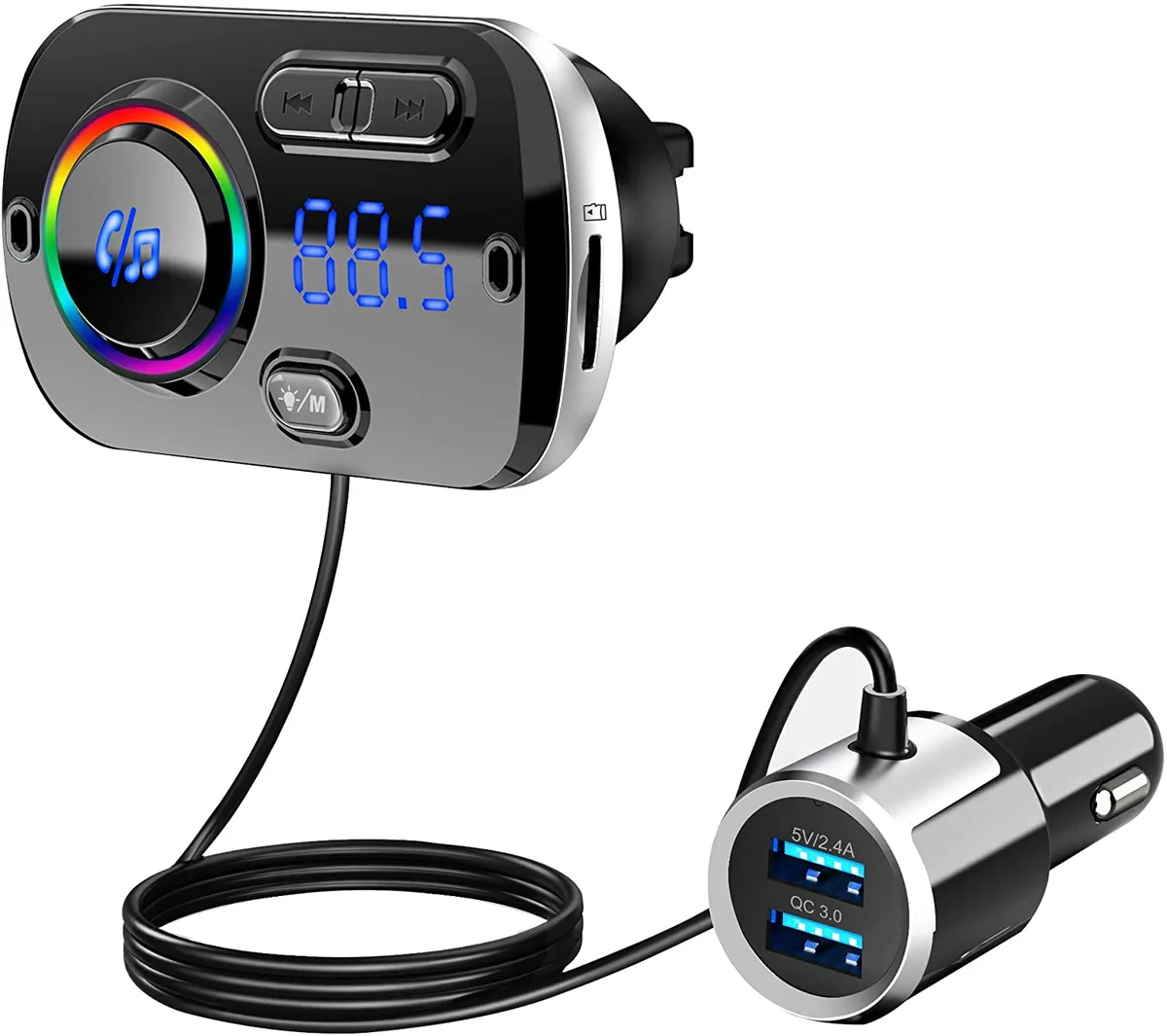 LUOM LUOM BC49BQ Upgraded Bluetooth 5.0 FM Transmitter Audio QC3.0 2.4A 32GB TF AUX RGB — product photo