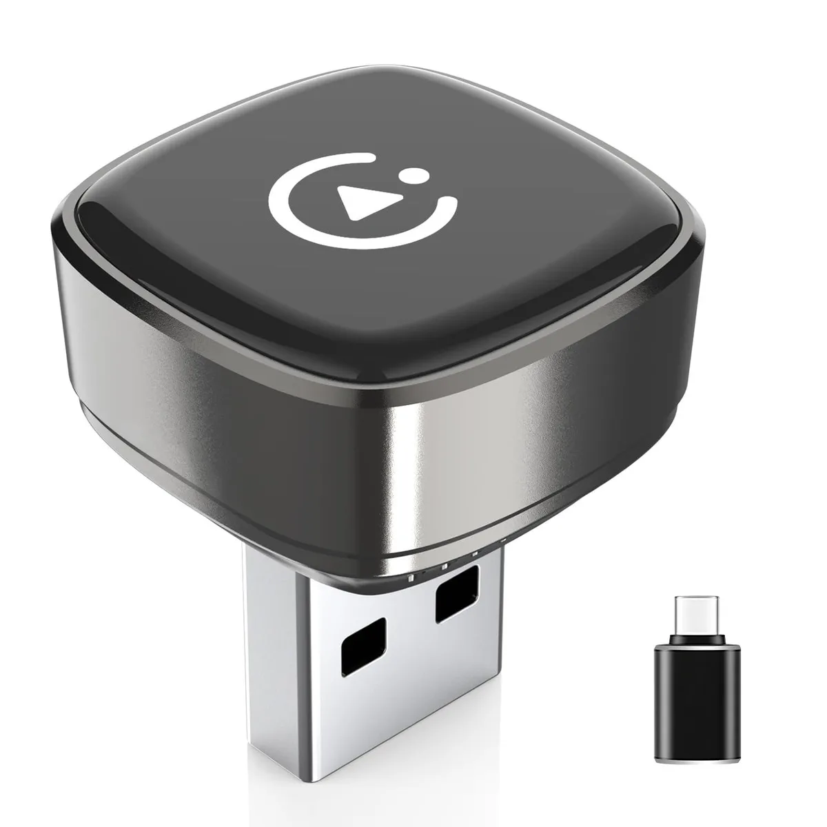 Small grey rectangular CarPlay adapter with USB-C cable, 2.95 by 1.02 by 2.64 inches