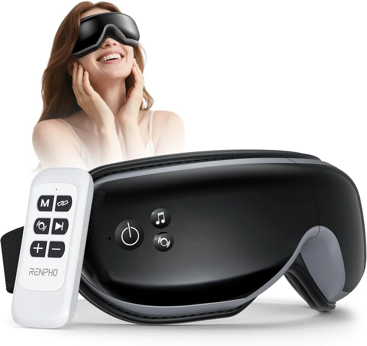 Black foldable eye massager with leather padding and remote control