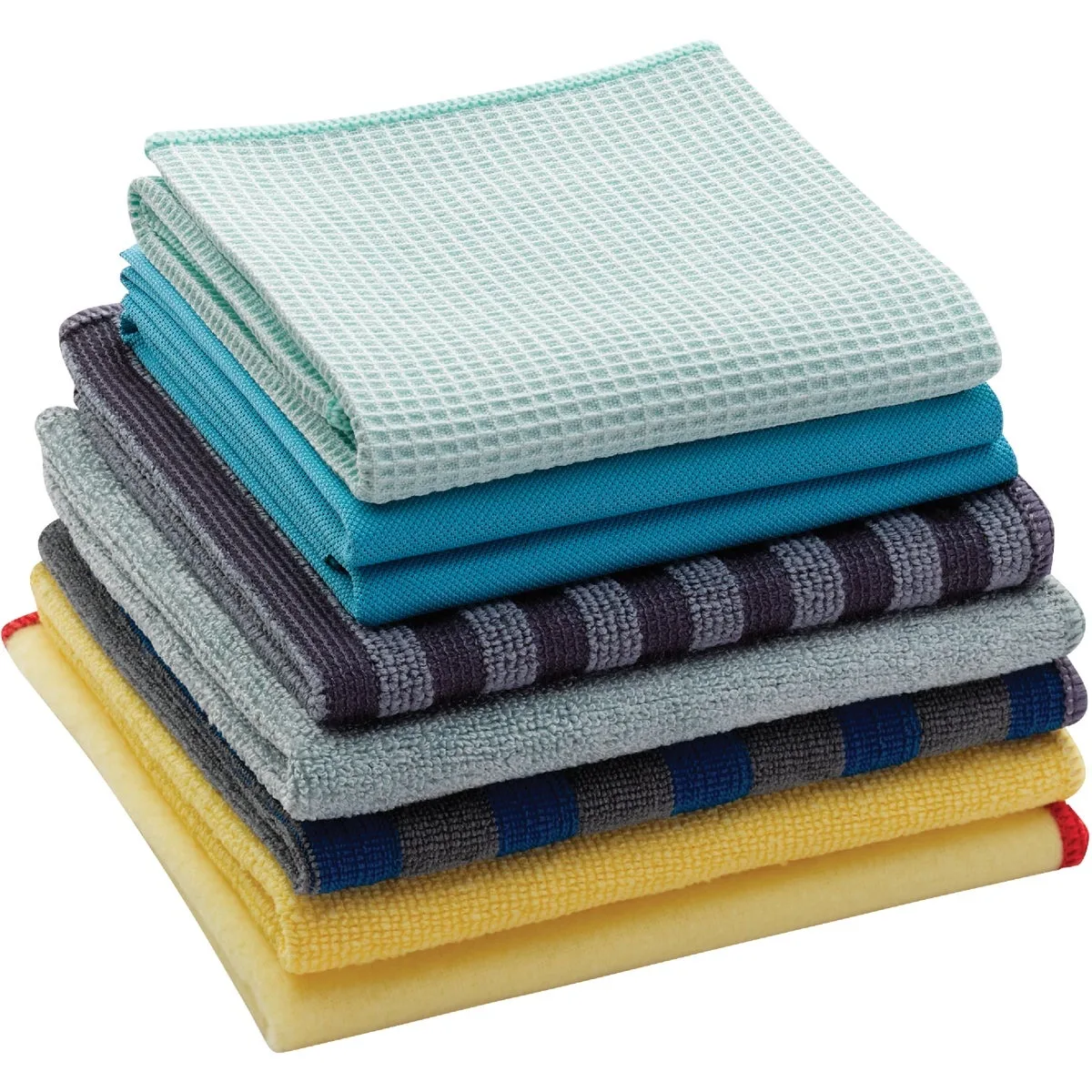 Eight assorted microfiber cleaning cloths in a pack