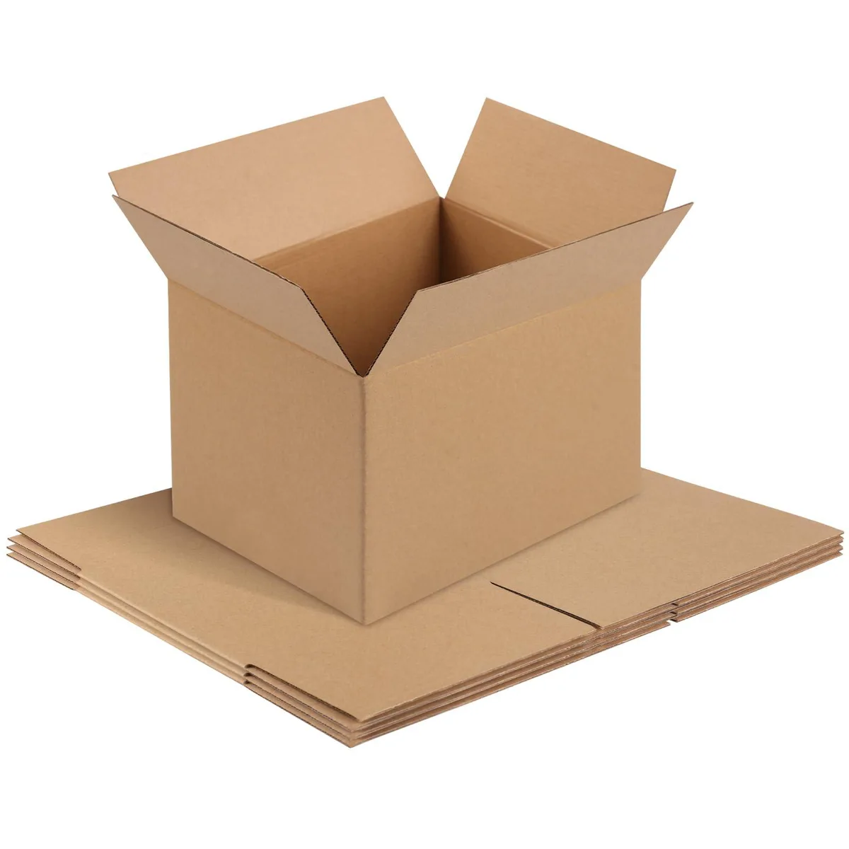 Four flat-packed brown corrugated cardboard boxes