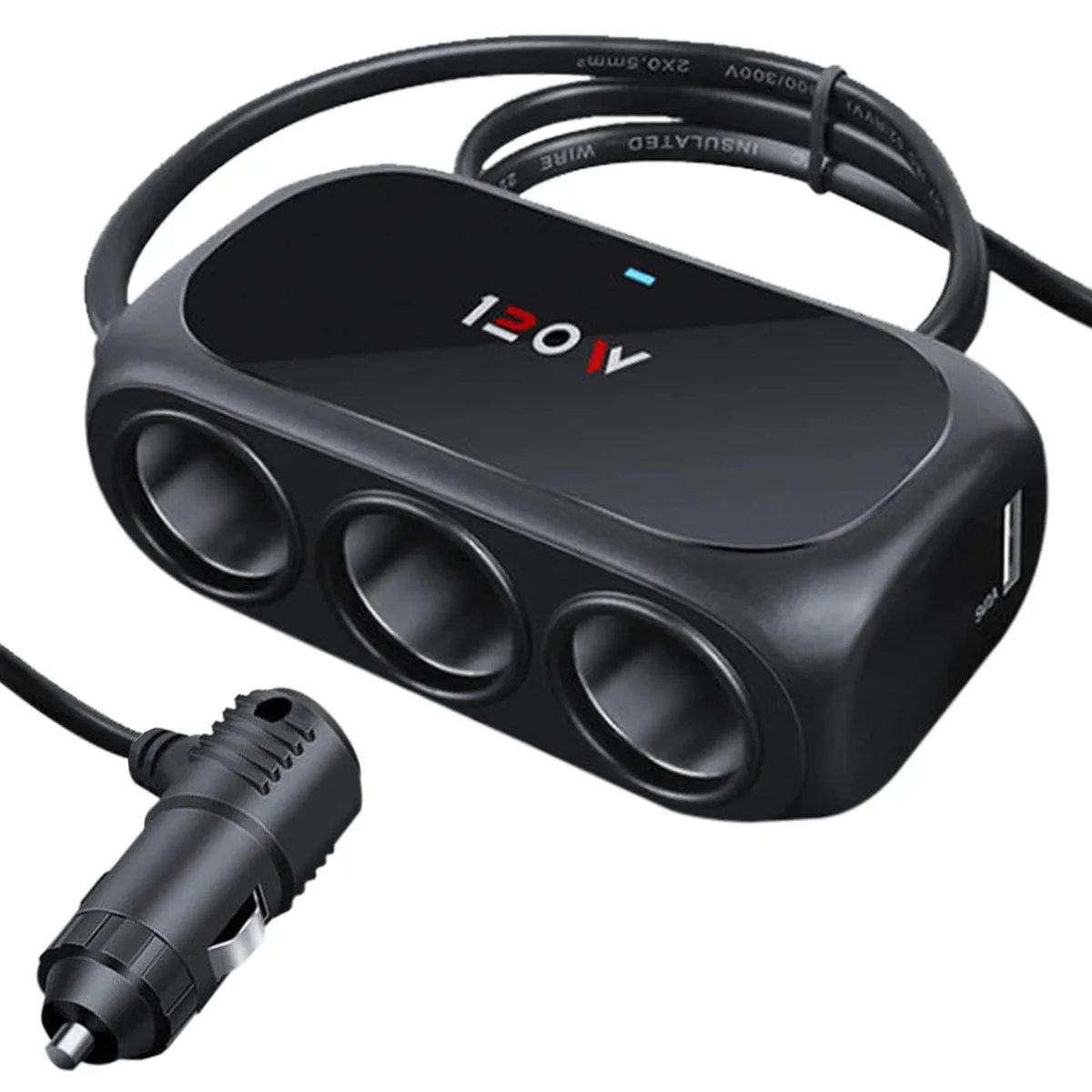  TESSAN 3-Socket Car Cigarette Lighter Splitter Adapter 12V/24V 120W 2 USB 3.1A Grey — product photo