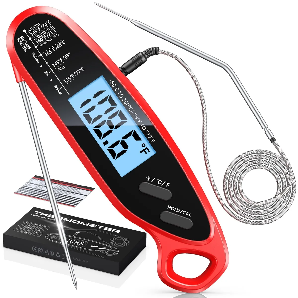  Vuwwey Instant Read Meat Thermometer Dual Probe 40" Red — product photo