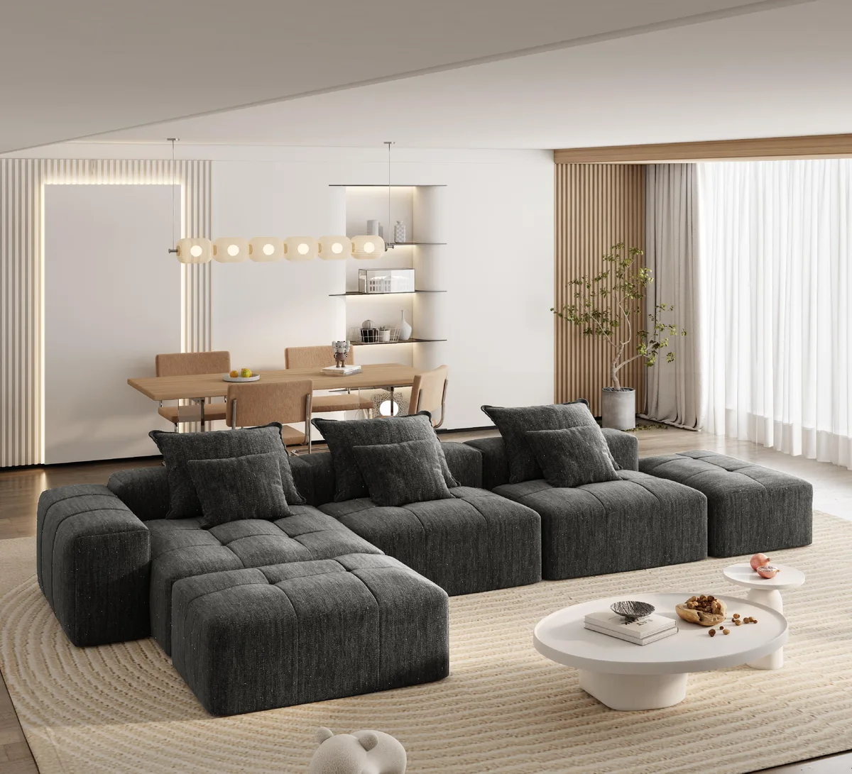 Black modular sectional sofa with six pillows, tufted chenille fabric, low profile