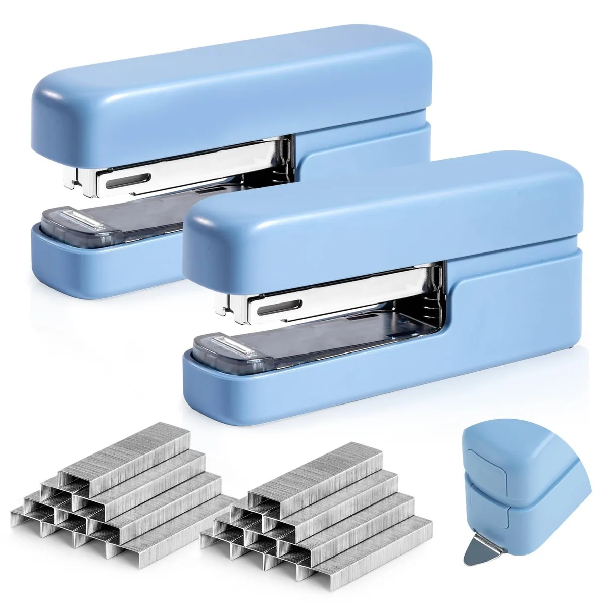 Two blue desktop staplers with integrated staple removers side by side