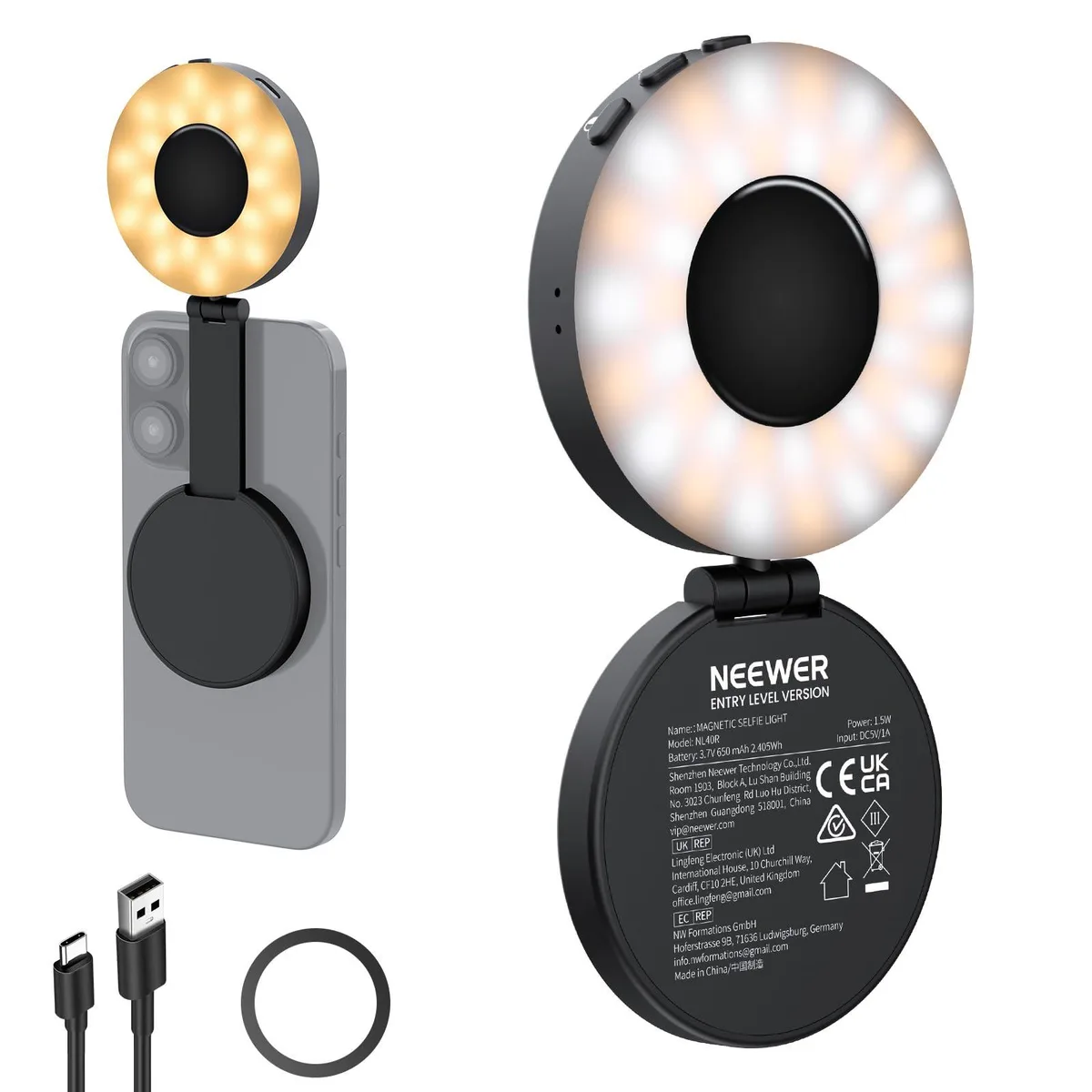  Neewer NL48R Magnetic Selfie Light 40 LED 914lx 360° rotation — product photo